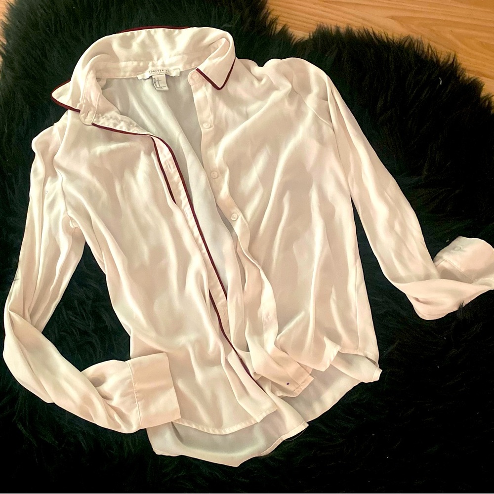 Sheer White Button Up Blouse With Maroon Border ~Forever 21~ Small